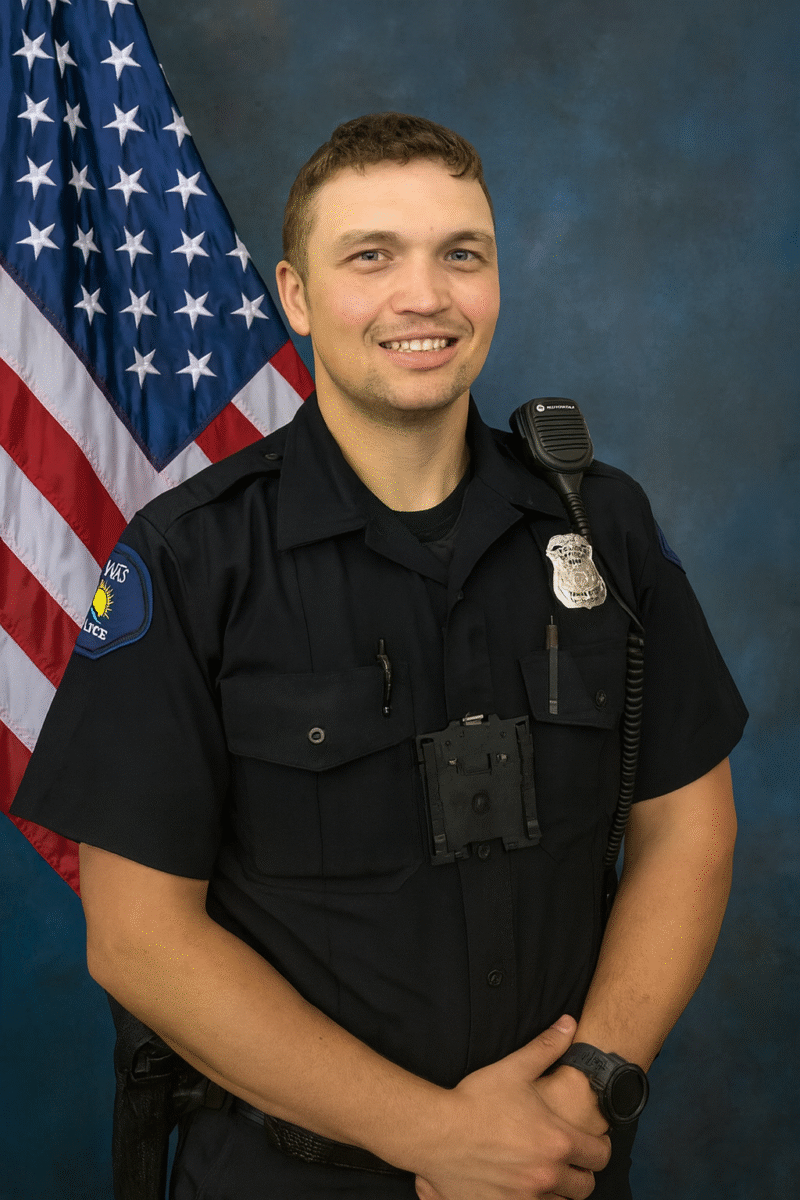 Police Officer Collins standing in front of American Flag