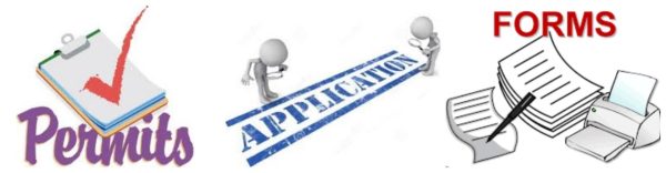 Clipboard with red check for permits. Two people with magnifying glasses for applications and three stacks of paper and pen for forms