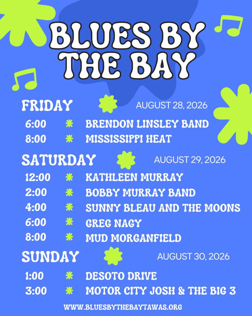Blues by the Bay schedule on a flyer with blue background and lime green splats