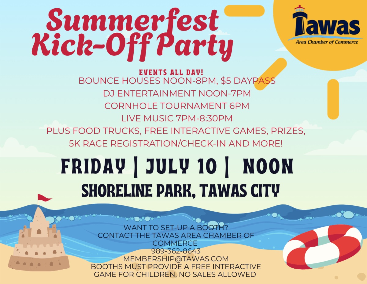 sand castle on beach with sun flyer on kick-off party