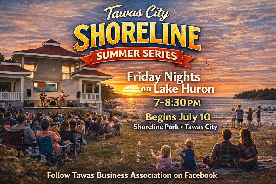 concert flyer with town square and lake huron in the back
