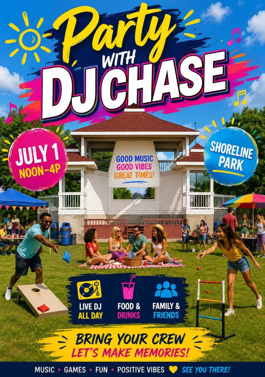Flyer with DJ Chase information and families playing and eating in the park